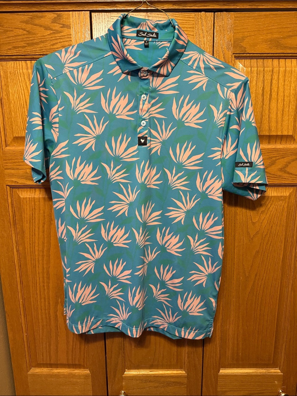 Bad Birdie Teal Polo with Pink Tropical Leaf Print- Medium